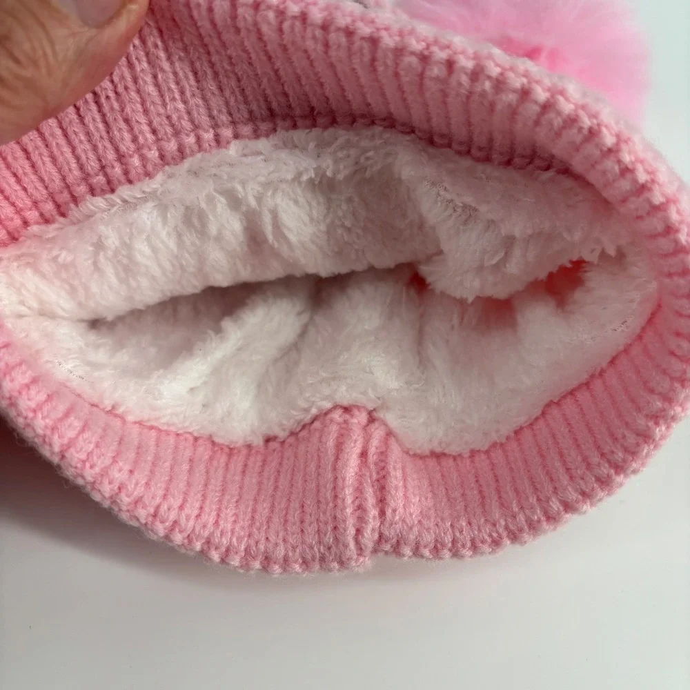 Labubu Double Pom Pom Beanie Kids One Size Pink Embroidered Ribbed Knit Hat